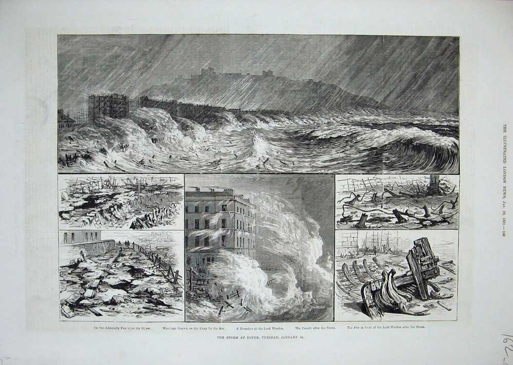 Original Old Antique Print Storm Dover 1881 Admiralty Pier Lord Warden Sea Quay