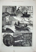Old Antique Print 1882 Fine Art Floods Twickenham Kew Gardens Boats Ferry 19th