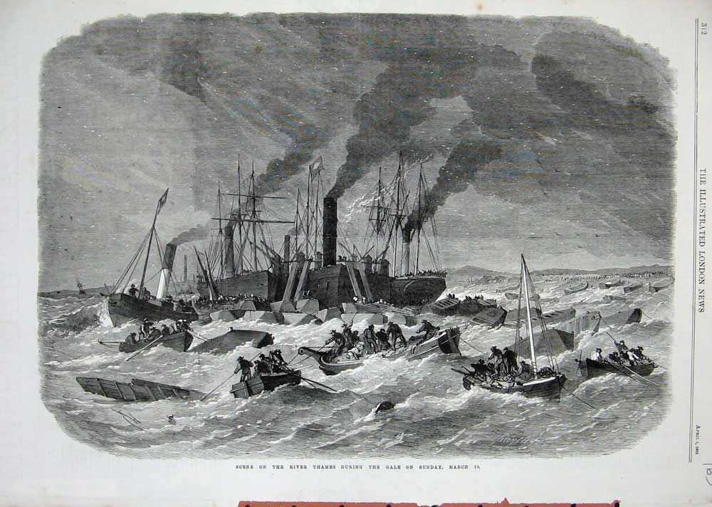 Old Antique Print 1865 Scene River Thames Gale Storm Ships Boats Fine Art 19th