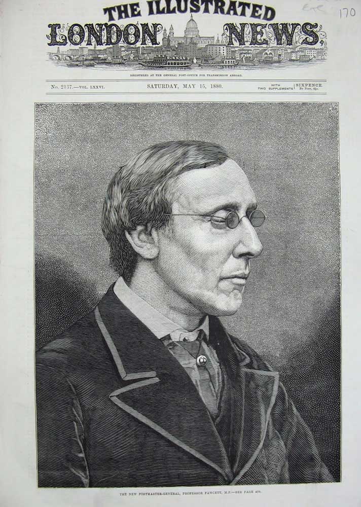 Original Old Antique Print 1880 New Postmaster General Professor Fawcett M.P