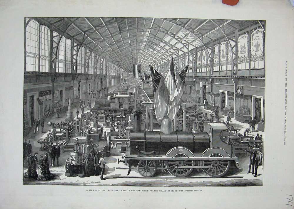 Old Antique Print 1878 Paris Exhibition Machinery Champs Des Mars Palace 19th