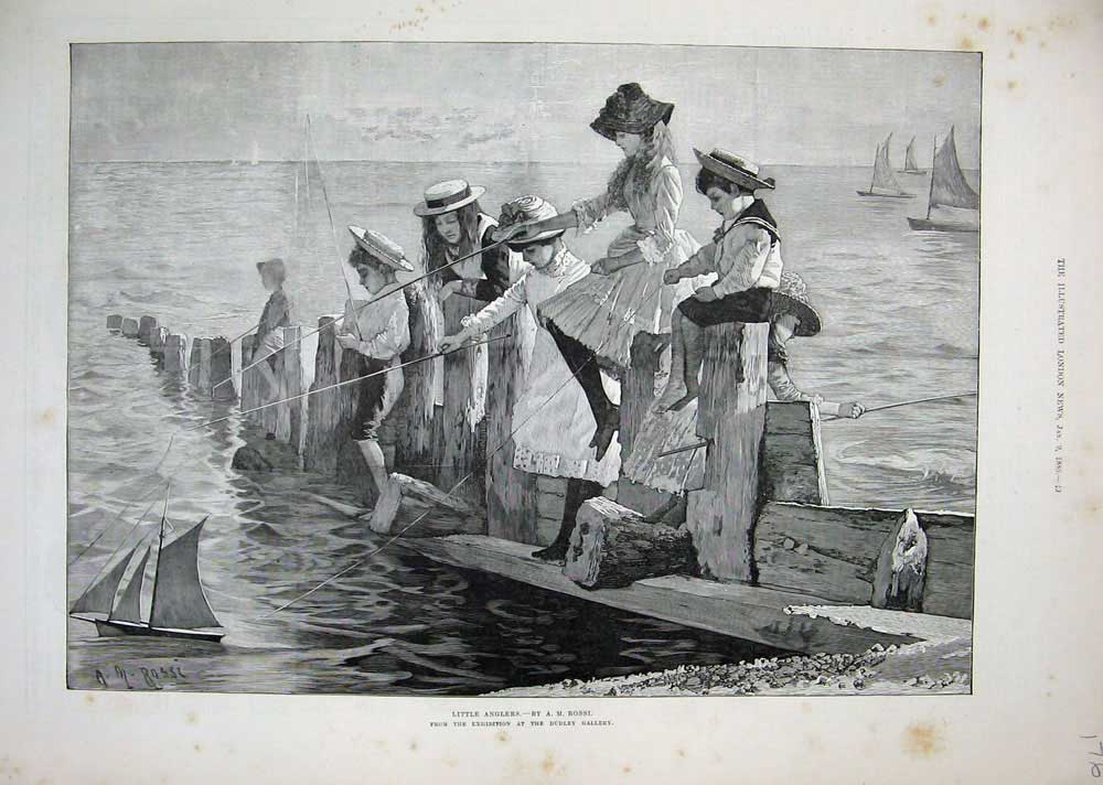 Old Antique Print 1886 Little Children Fishing Sea Yachts Fish Dudley Art 19th