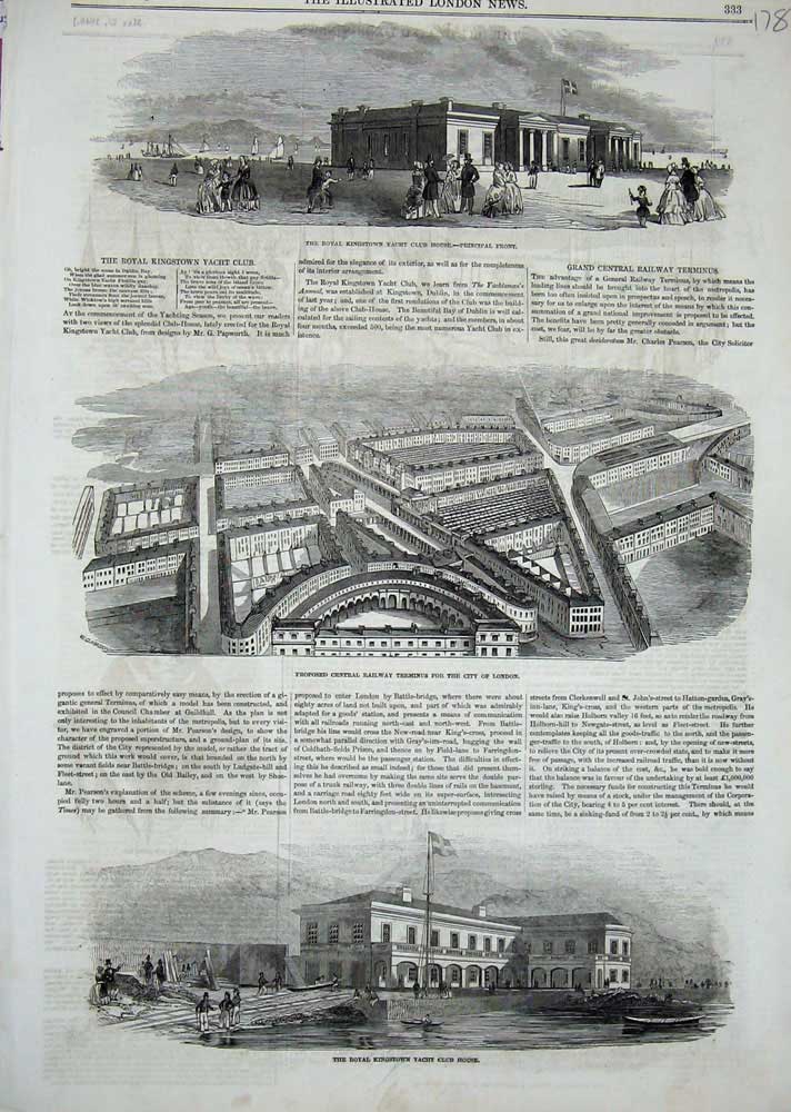 Old Antique Print 1846 Kingstown Yacht Club House Railway Terminus Lonon 19th