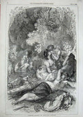 Original Old Antique Print 1846 Summer River Country Romance Dog William Harvey