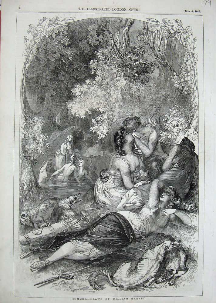 Original Old Antique Print 1846 Summer River Country Romance Dog William Harvey