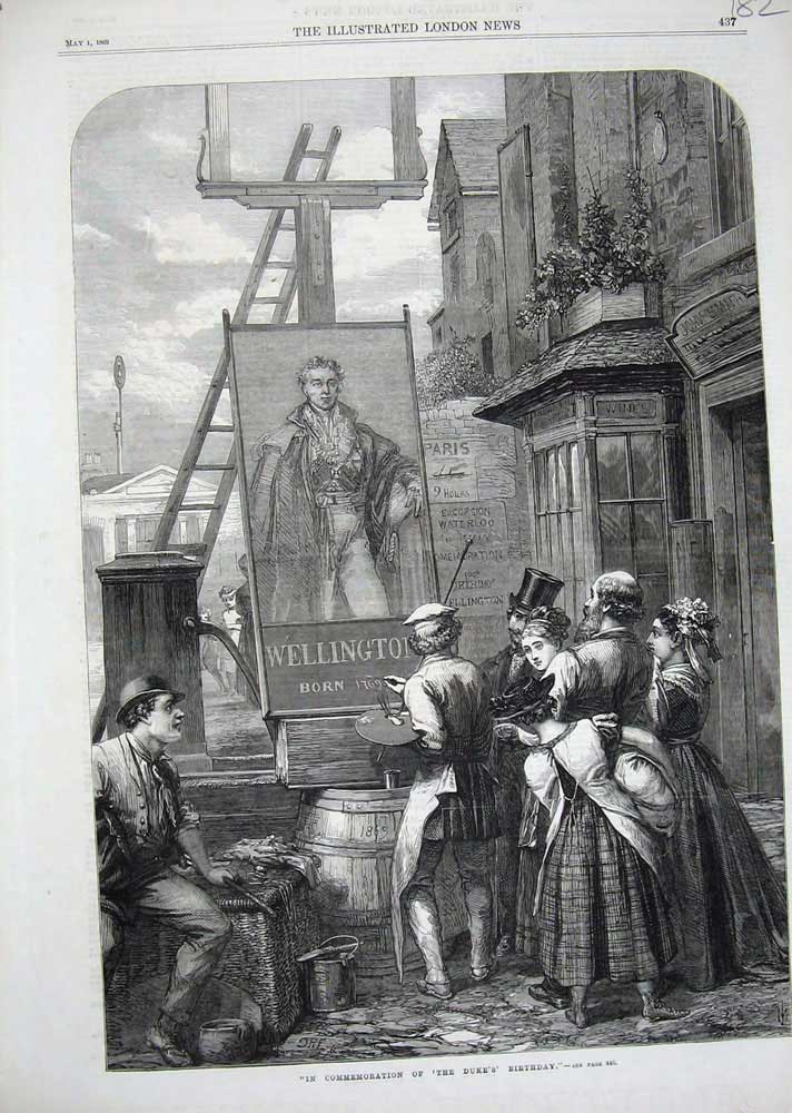 Original Old Antique Print 1869 Duke Wellington Birthday Painting Sign Inn Art