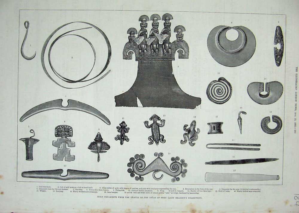 Original Old Antique Print *0314 1883 GOrnaments Graves Incas Peru Lady Brassey