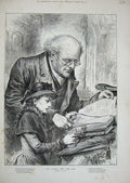 Original Old Antique Print Little Girl Man Reading Book Christmas Holly 1886