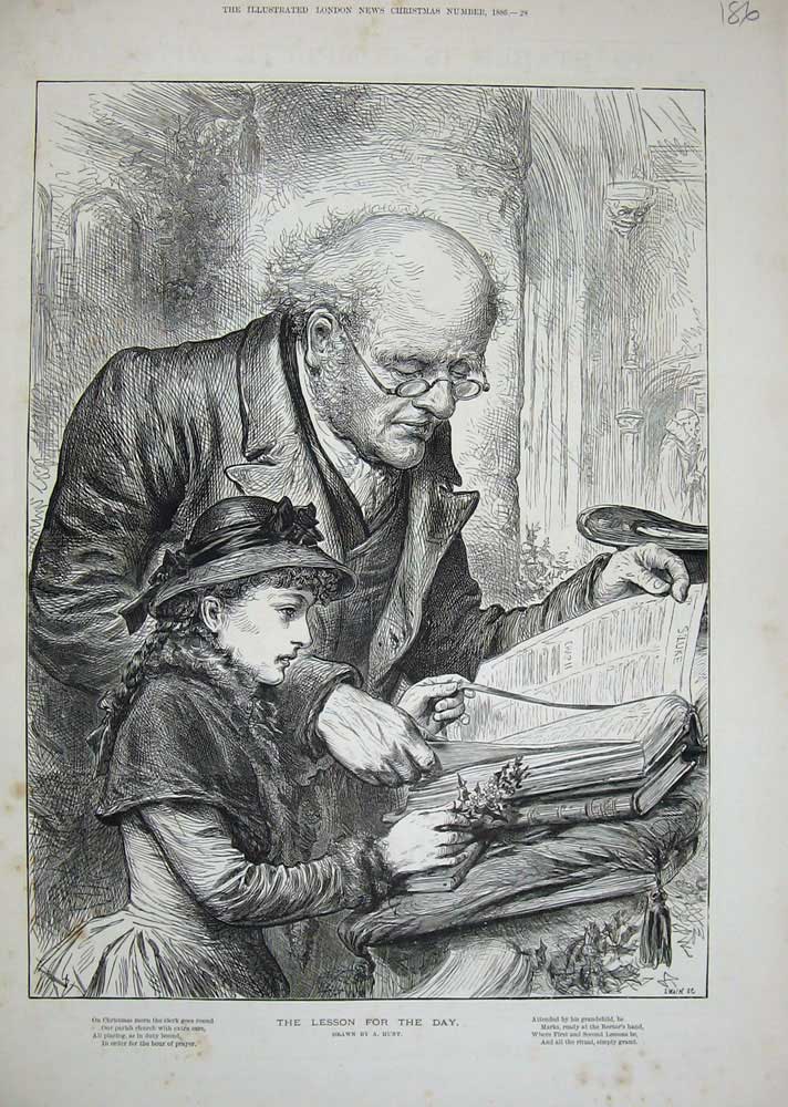 Original Old Antique Print Little Girl Man Reading Book Christmas Holly 1886