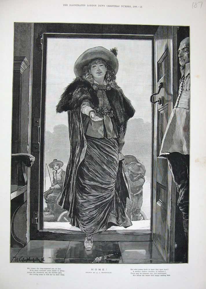 Original Old Antique Print 1886 Woodville Fine Art Woman House Home Coat Hat