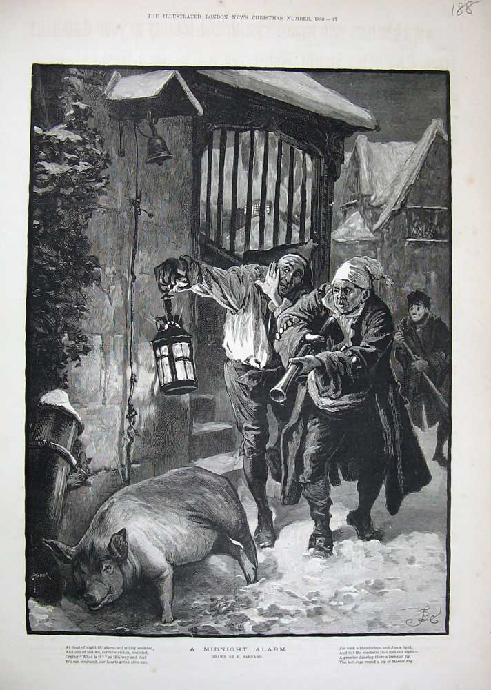 Old Antique Print 1886 Barnard Fine Art Men Lamp Night Pig Animal Street 19th