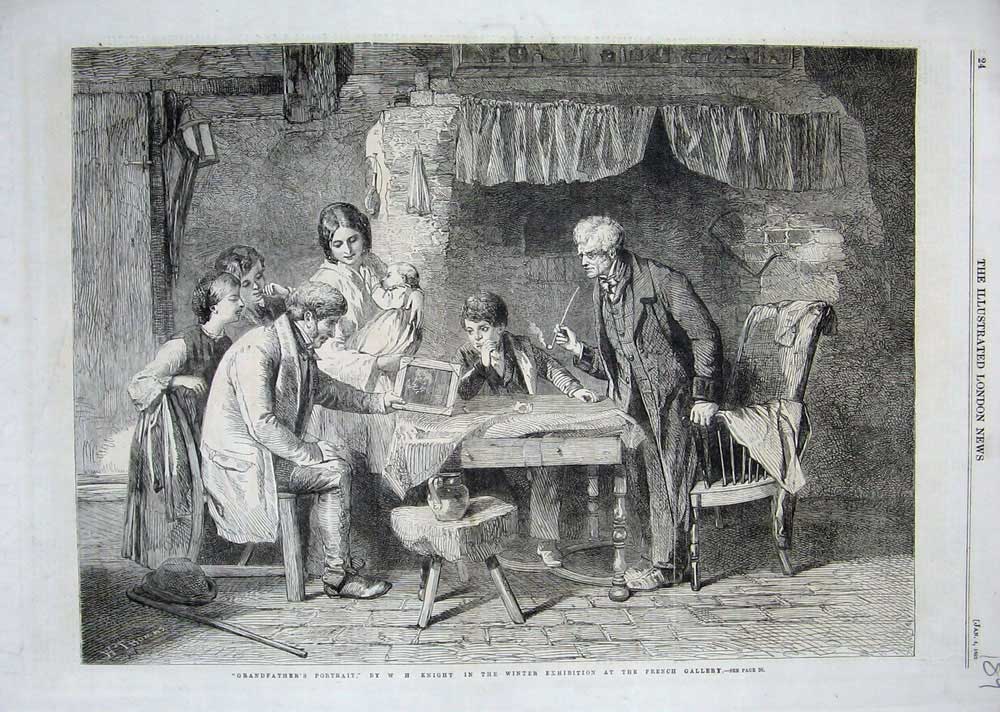 Old Antique Print 1862 Grandfathers Portrait House Children Easel Knight 19th