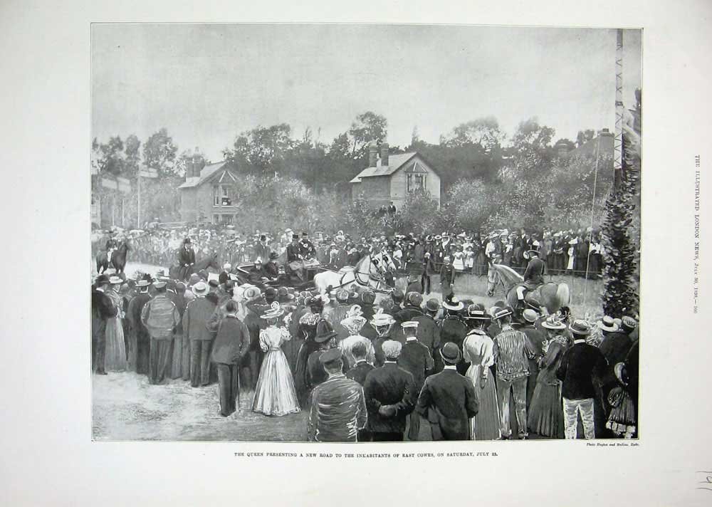 Original Old Antique Print 1898 Queen Presenting Road Inhabitants East Cowes