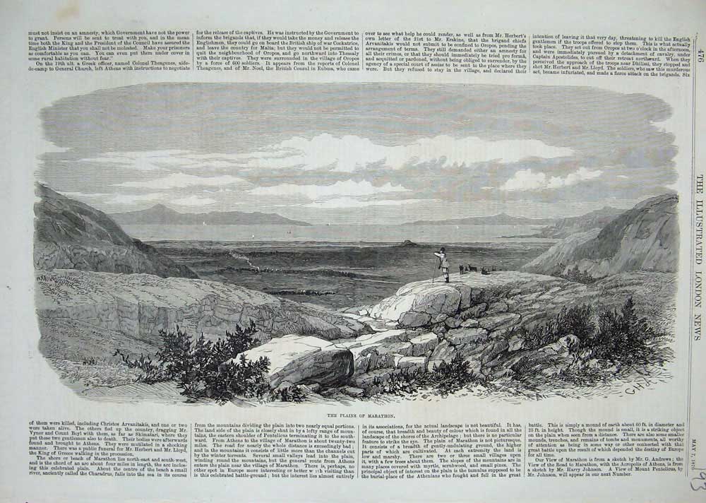 Original Old Antique Print 1870 View Plains Marathon Man Mountains Sea Country