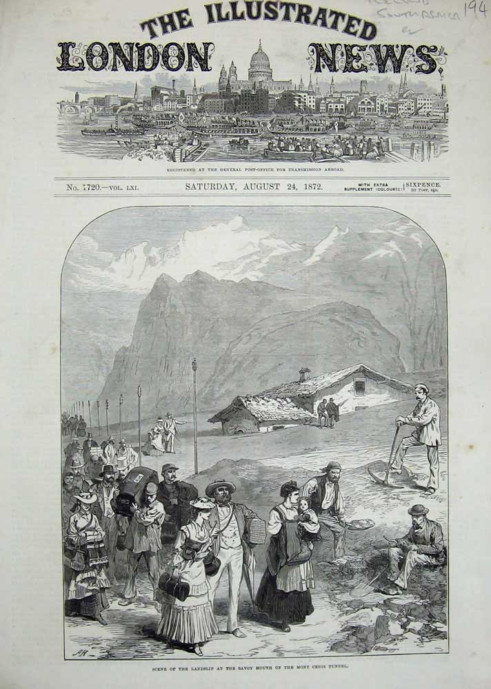 Original Old Antique Print 1872 Scene Landslip Savoy Mouth Mont Cenis Tunnel