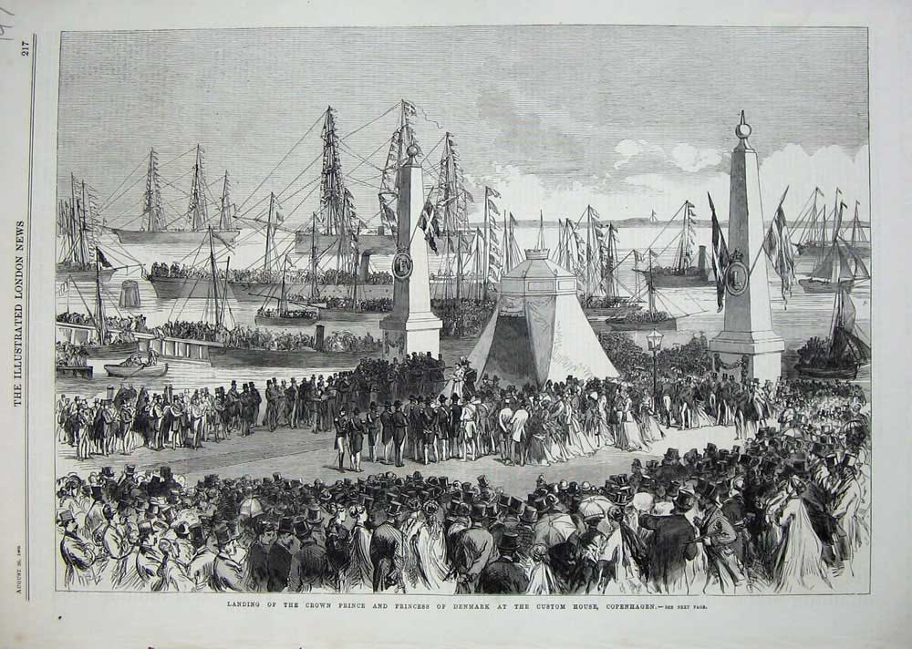 Original Old Antique Print 1869 Ships Prince Princess Denmark Custom Copenhagen