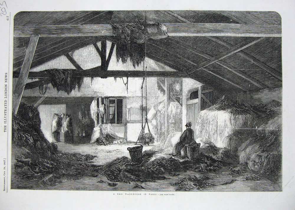 Original Old Antique Print Rag Warehouse Paris France 1857 Fine Art Victorian