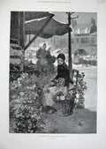 Old Antique Print 1890 Flower Vegetable Market Boulogne France Fine Art 19th