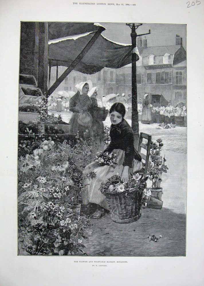 Old Antique Print 1890 Flower Vegetable Market Boulogne France Fine Art 19th