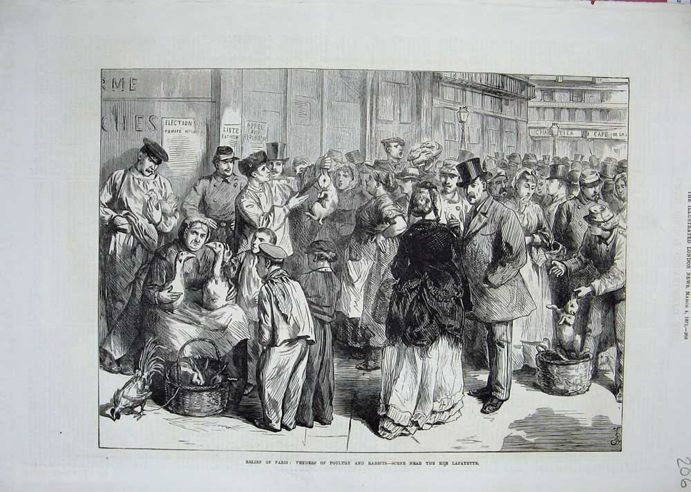 Original Old Antique Print 1871 Paris Venders Poultry Rabbits Rue Layfayette