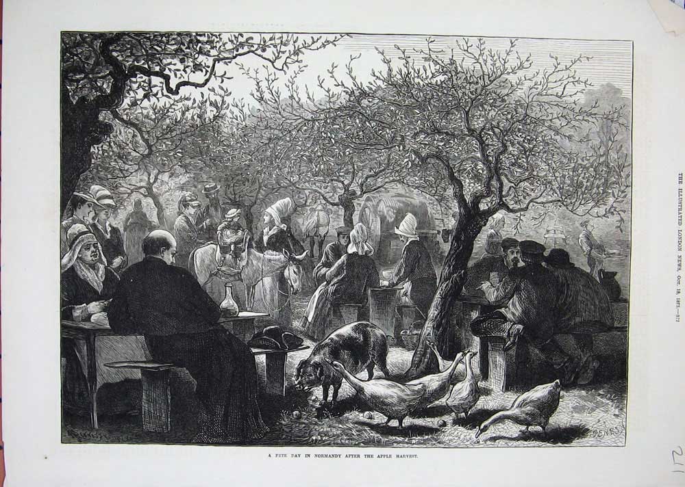 Old Antique Print 1873 Fete Day Normandy France Apple Harvest Trees Art 19th