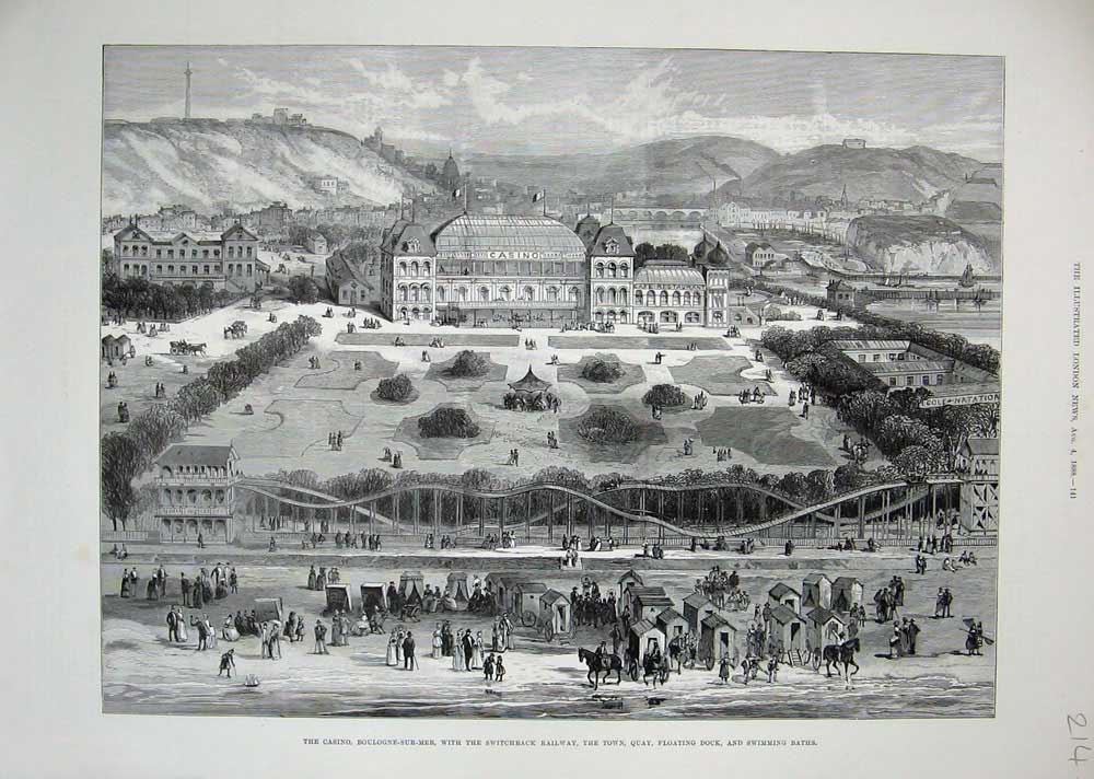Original Old Antique Print 1888 Casino Boulogne-Sur-Mer Railway Quay Swimming