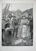 Old Antique Print French Fishing Village 1891 Fish Sale Market Fine Art 19th