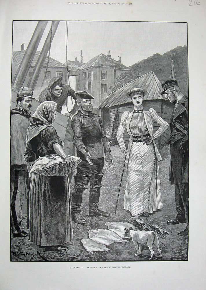 Old Antique Print French Fishing Village 1891 Fish Sale Market Fine Art 19th