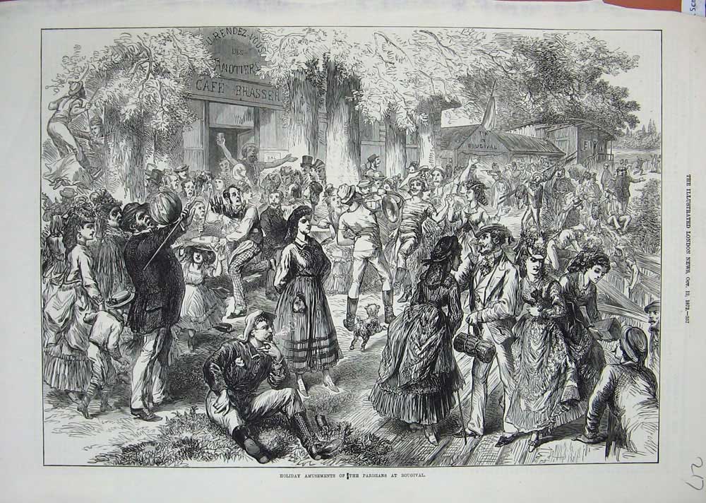 Old Antique Print 1872 Holiday Amusements Parisians Bougival France Dance 19th