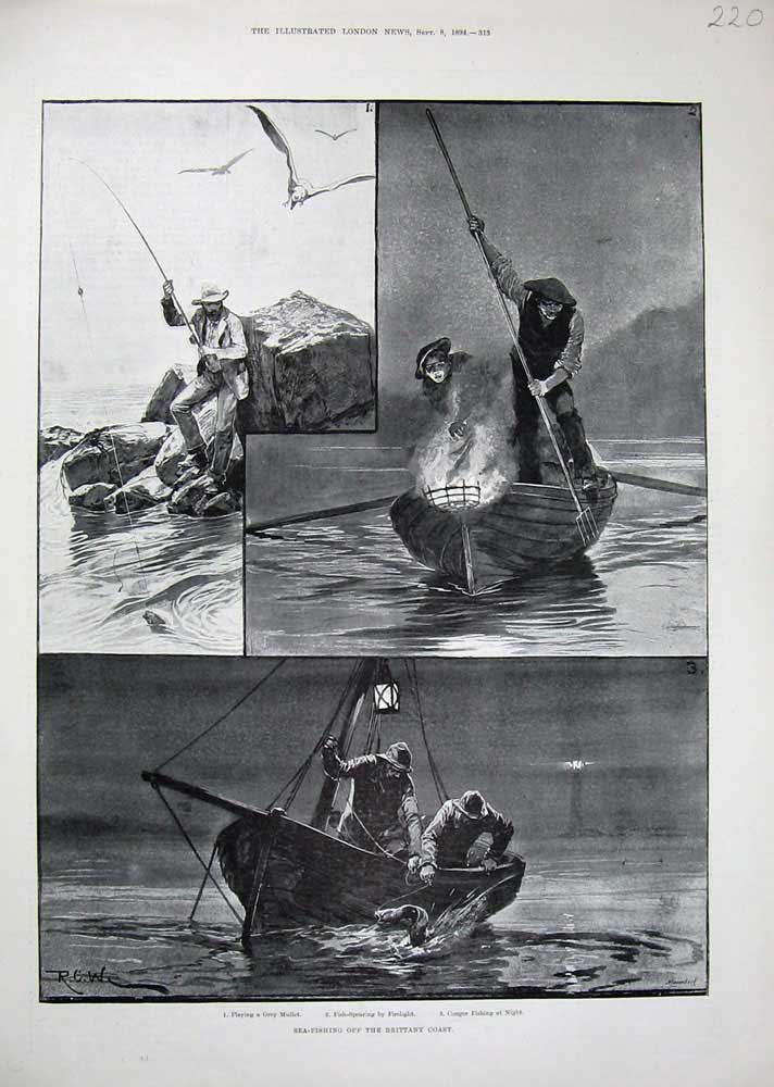 Original Old Antique Print Sea Fishing Brittany France 1894 Men Boats Fine Art