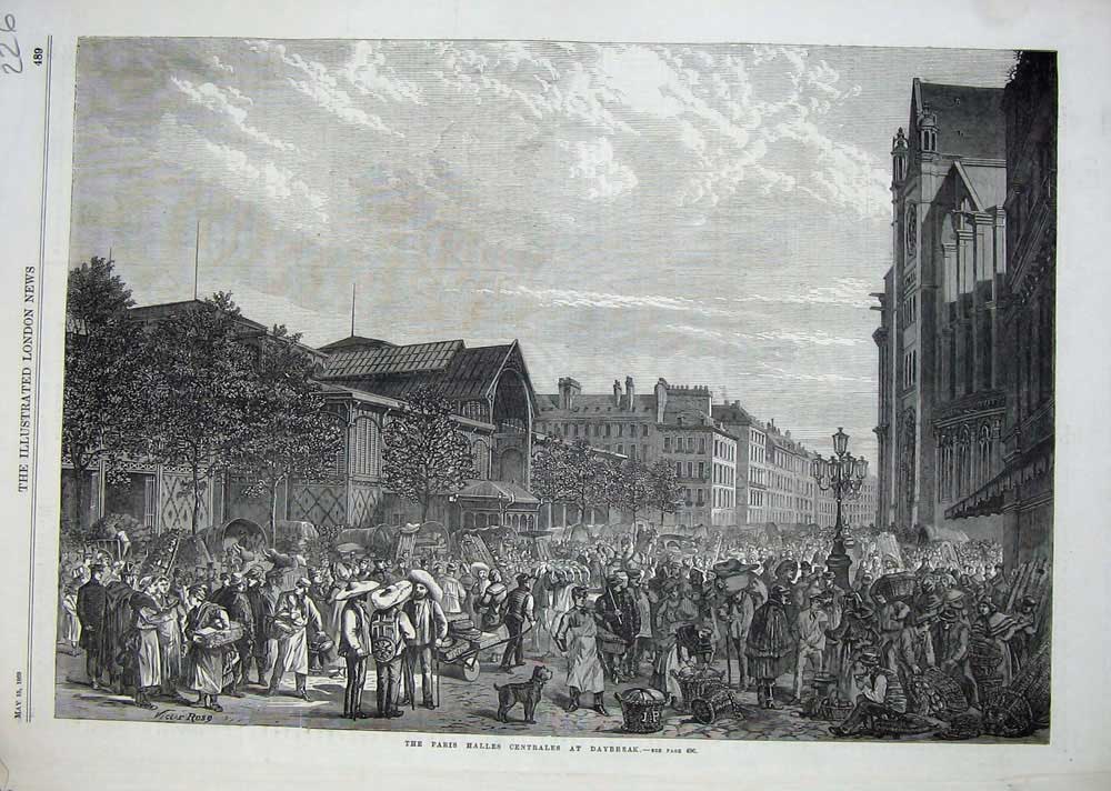 Old Antique Print 1869 Paris Halles Centrales Daybreak Sale Market Street 19th