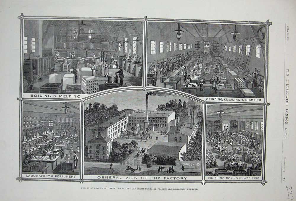 Old Antique Print 1884 Mouson Perfumery Tiolet Soap Steam Works Germany 19th