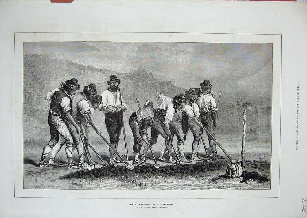 Old Print Ref.989 1871 Field Labourers Farming Men Digging Hennebicq Art