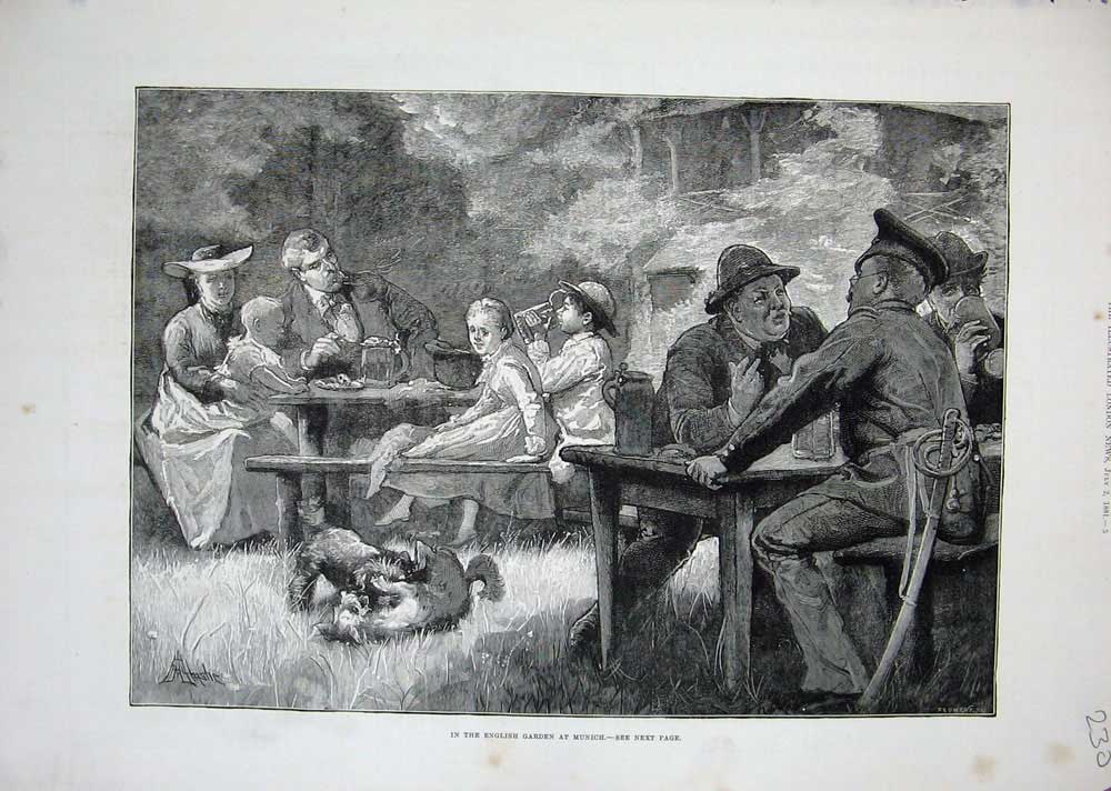 Original Old Antique Print 1881 English Garden Munich Germany Children Dogs Art
