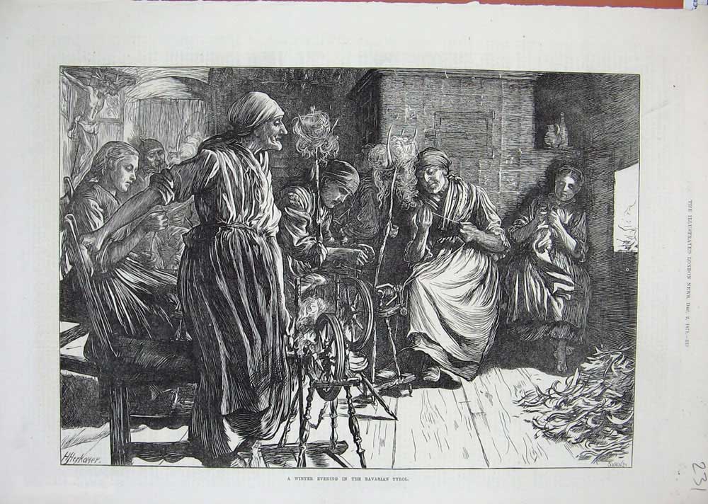 Old Antique Print 1871 Winter Evening Bavarian Tyrol Spinning Wheel Women 19th