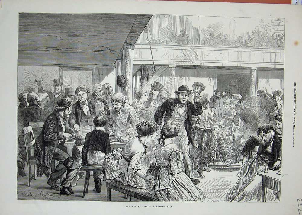Original Old Antique Print 1873 Workmen'S Ball Berlin Germany Dancing Men Women