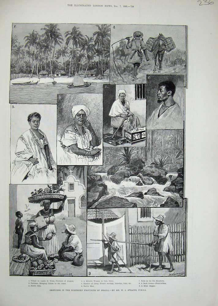 Old Antique Print 1889 Brazil Alagoas Native Girl Mulatto Fruit-Sellers 19th