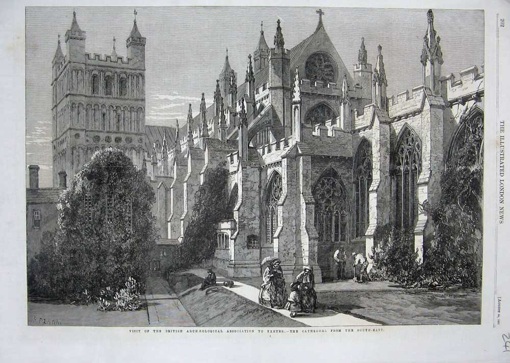 Original Old Antique Print Exeter Cathedral 1861 British Archaeological Society
