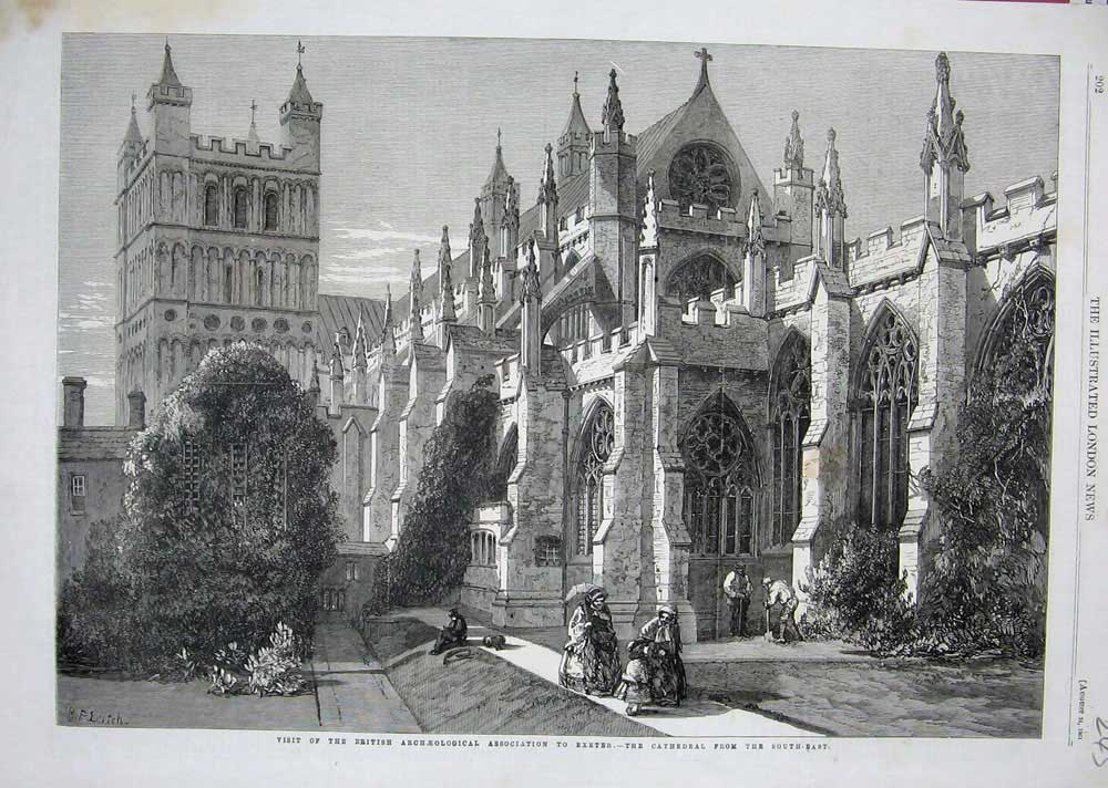 Old Antique Print 1861 Exter Cathedral British Archaelogical Association 19th