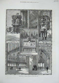 Original Old Antique Print 1876 Chester Cathedral Pulpit Organ Reredos Throne