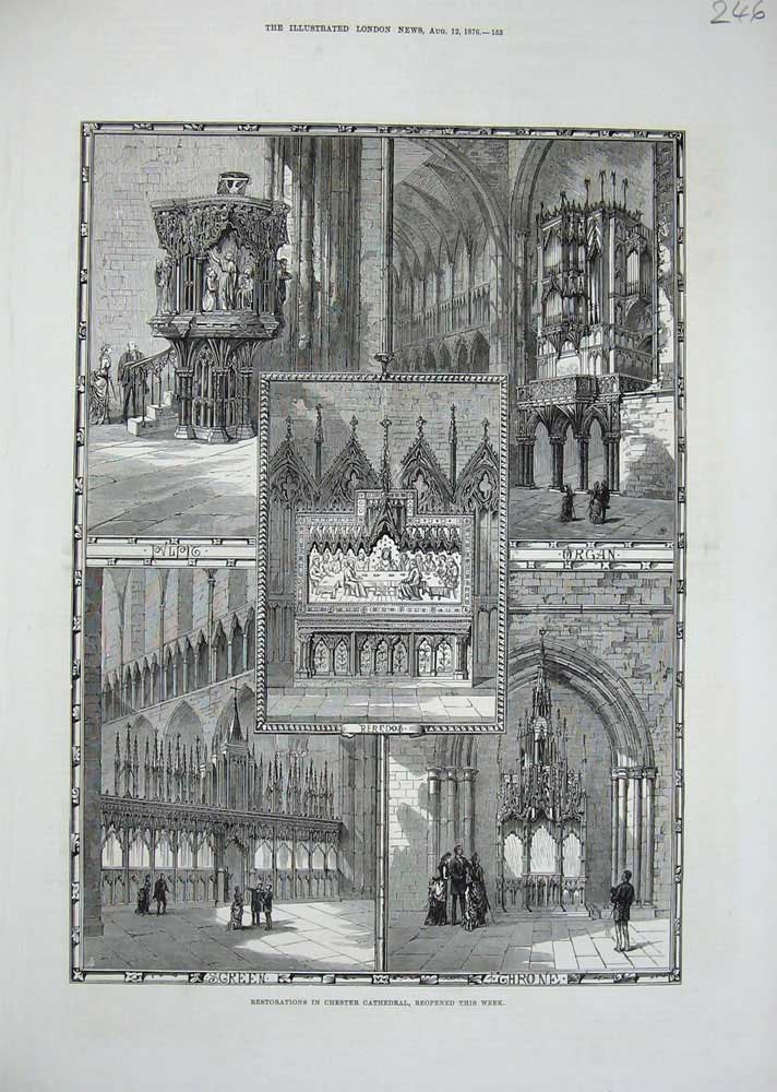 Original Old Antique Print 1876 Chester Cathedral Pulpit Organ Reredos Throne