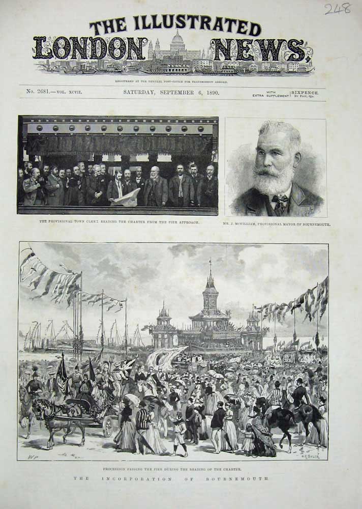 Original Old Antique Print 1890 Bournemouth Town Clerk Mcwilliam Mayor Charter