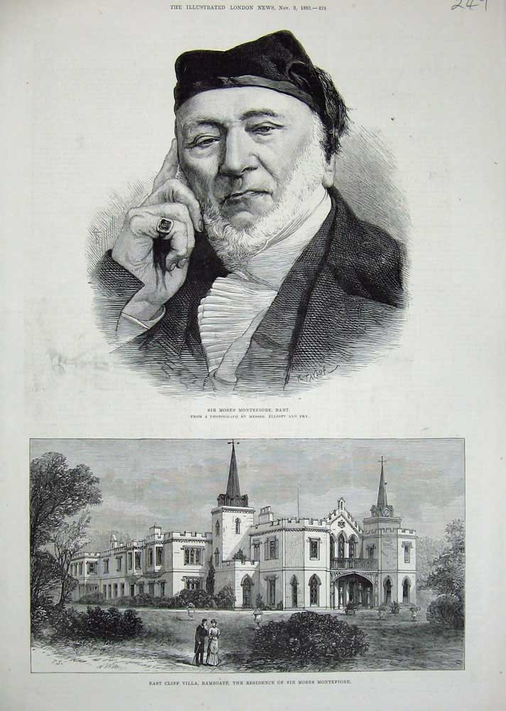 Old Antique Print 1883 Sir Moses Montefoire East Cliff Villa Ramsgate Fry 19th