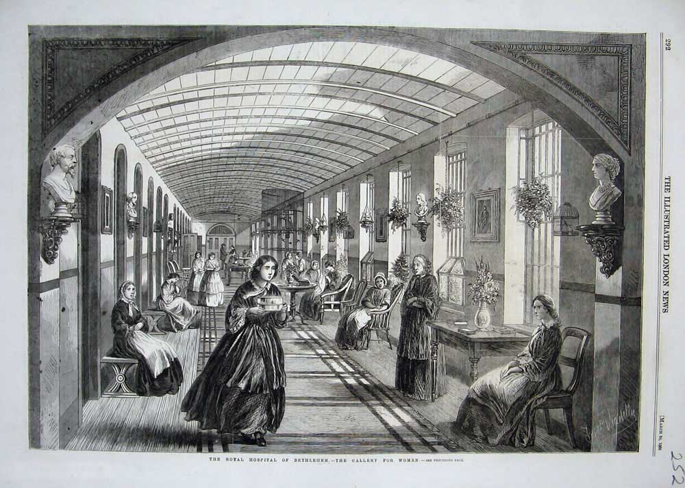 Original Old Antique Print 1860 Royal Hospital Bethlehem Gallery Women Patients