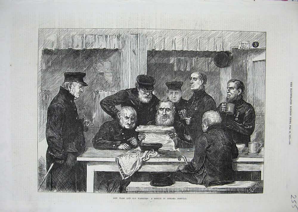 Original Old Antique Print 1871 New Wars Warriors Chelsea Hospital Men 19th