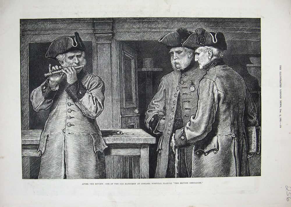 Old Antique Print 1882 Bandsmen Chelsea Hospital Music British Grenadier 19th