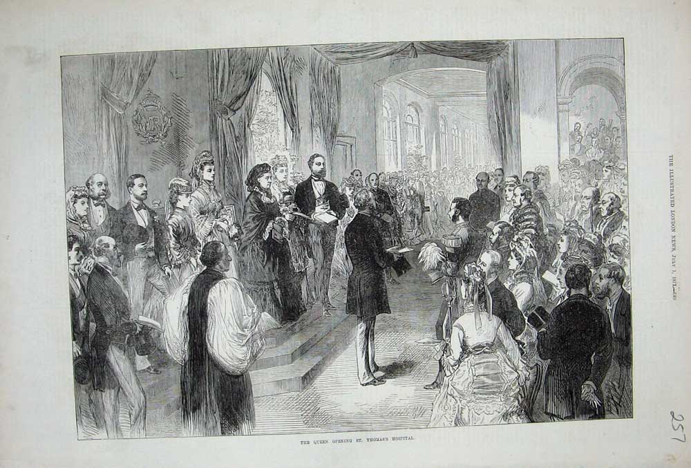 Original Old Antique Print 1871 Queen Opening St Thomas Hospital People 19th