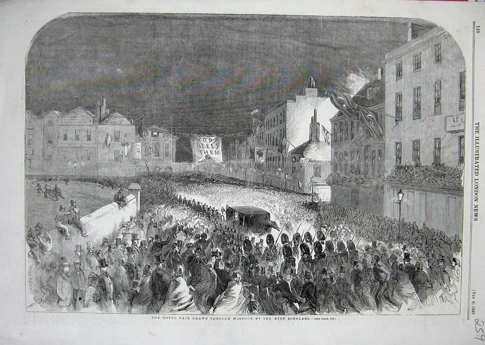 Old Antique Print 1858 Royal Carriage Windsor Eton Schoolboys Procession 19th
