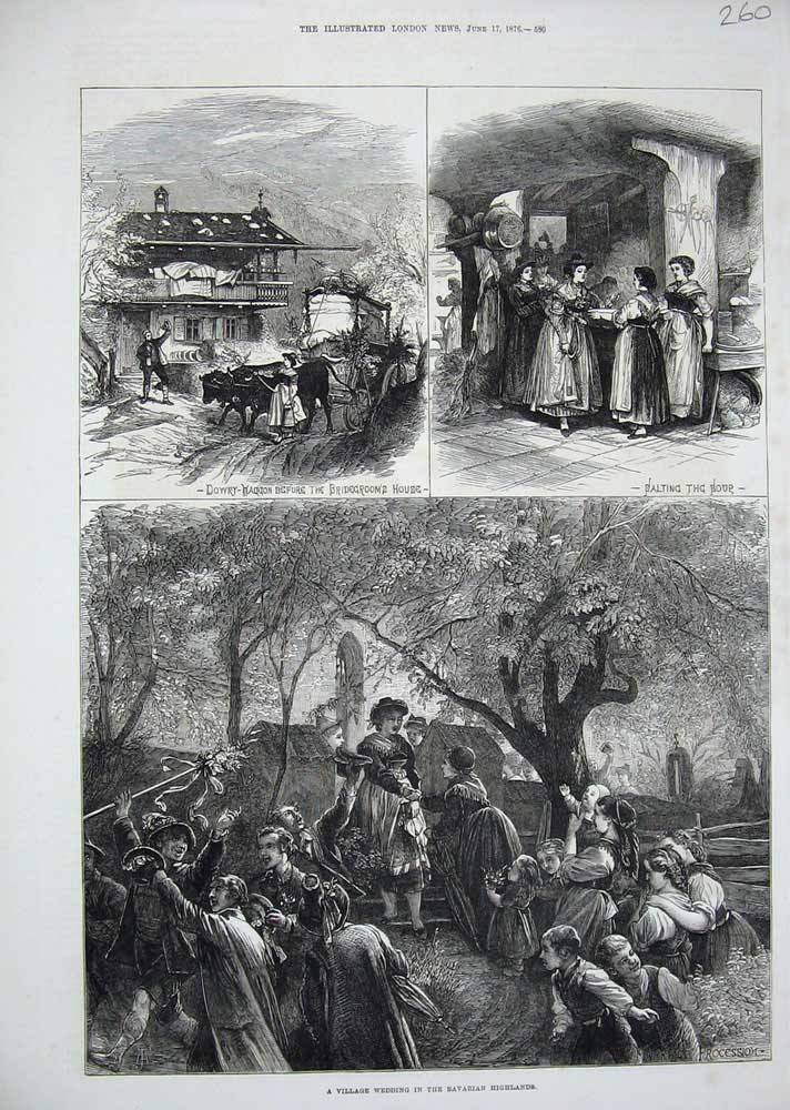Antique Old Print *0316 1876 Village Wedding Bavarian Highlands Dowry Waggon