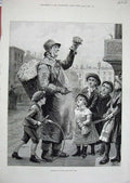 Old Antique Print Man Selling Flowers Street Children Games Fine Art 1881 19th